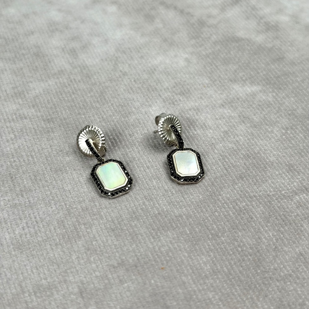Freida Rothman Mother of Pearl Black CZ Drop Earrings Art Deco Style 925 Silver - Picture 3 of 4
